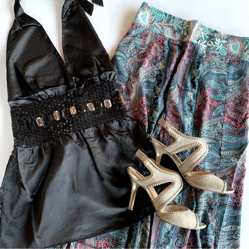 Chaudry KC Satin Halter Neck Top Black Sequined Jeweled Empire Waistband NWT - Picture 7 of 10